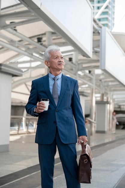 Portrait of Asian senior mature middle aged businessman in modern city