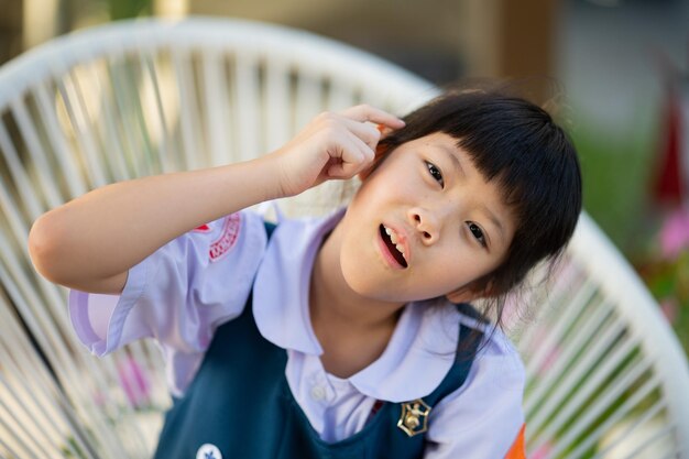 Portrait asian student happy little girl