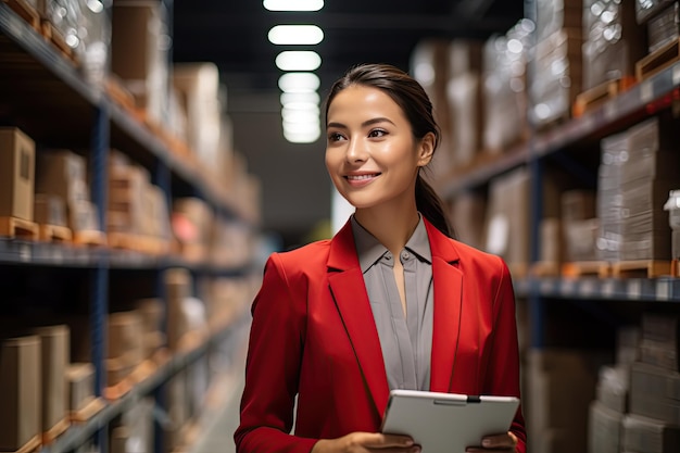 Portrait of asian woman business owner using digital tablet checking amount of stock product inventory on shelf bright Generated with AI