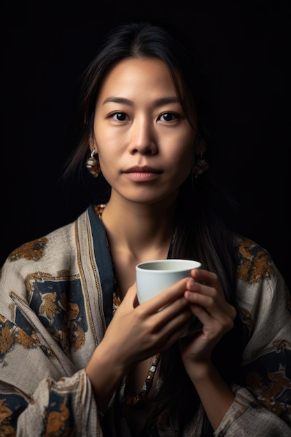 Portrait of an asian woman holding a coffee cup with one hand created with generative ai