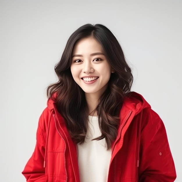 Portrait of asian woman in vivid jacket smiling and looking happy isolated