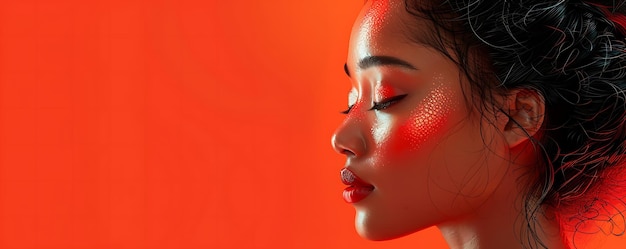 Photo portrait of an asian woman with glowing skin and red accents on her face