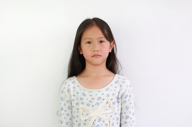 Portrait of Asian young girl child looking at camera on white background