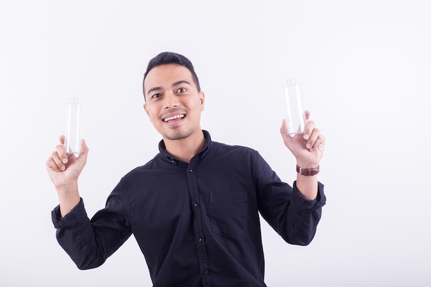 Portrait of asians Happy handsome young man Dress-up in black t-shirt