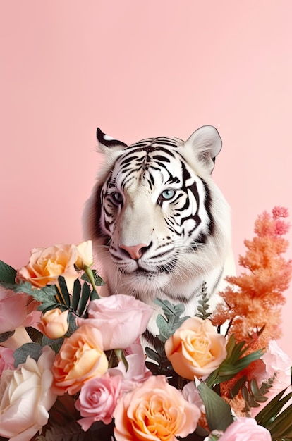 Portrait of a astonishing tiger on a pink background Generative AI