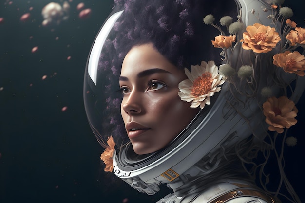 Portrait astronaut woman in helmet in flowers beauty portrait of a romantic girl cosmonaut helmet in wildflowers 3d illustration