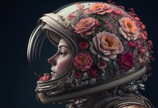 Portrait astronaut woman in helmet in flowers beauty portrait of a romantic girl cosmonaut helmet in wildflowers 3d illustration