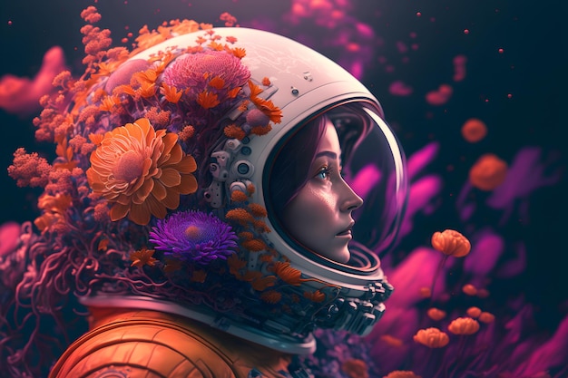 Portrait astronaut woman in helmet in flowers beauty portrait of a romantic girl cosmonaut helmet in wildflowers