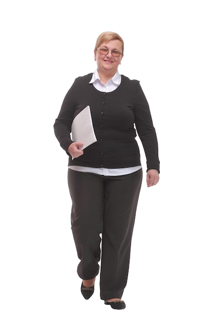 Portrait of a attractive business woman holding folder with files in her arms and looking at camera