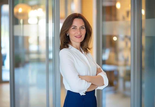 A portrait of an attractive business woman standing in front of her office