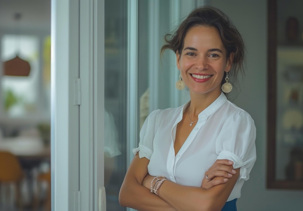 A portrait of an attractive business woman standing in front of her office