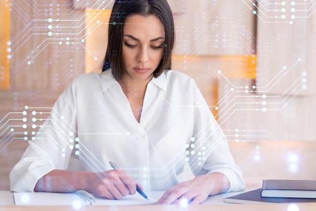 Portrait of attractive businesswoman in formal wear working with documents and thinking how to optimize business process by applying new technologies Hi tech holograms over modern office background