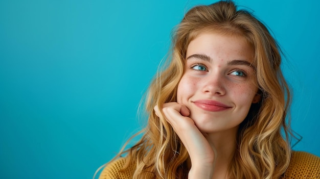 Portrait of Attractive Cheerful Girl Holding Idea on Palm Choosing from Copy Space Over Bright Blue