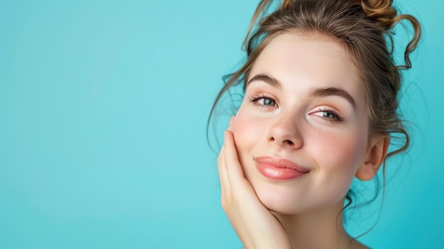 Portrait of Attractive Cheerful Girl Holding Idea on Palm Choosing from Copy Space Over Bright Blue