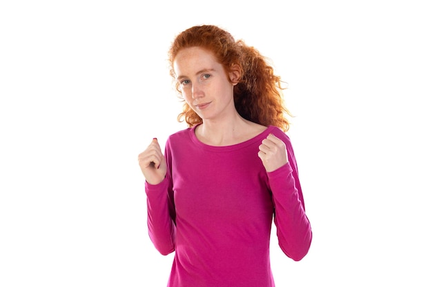 Portrait of attractive cheerful lucky redhaired girl rejoicing having fun