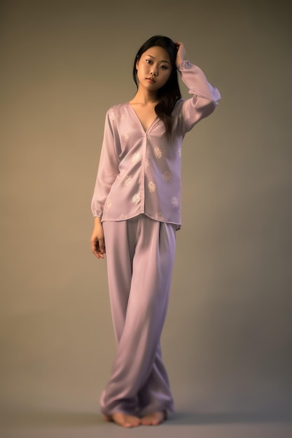 Portrait of attractive curious cheerful cunning girl wearing silky pajama night dress