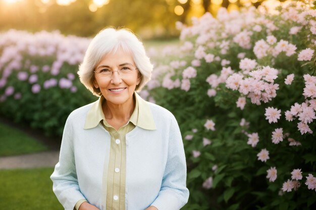 Portrait of an attractive elegant senior woman relaxing in a flowered garden