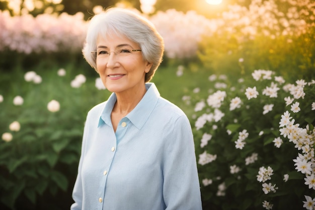 Portrait of an attractive elegant senior woman relaxing in a flowered garden