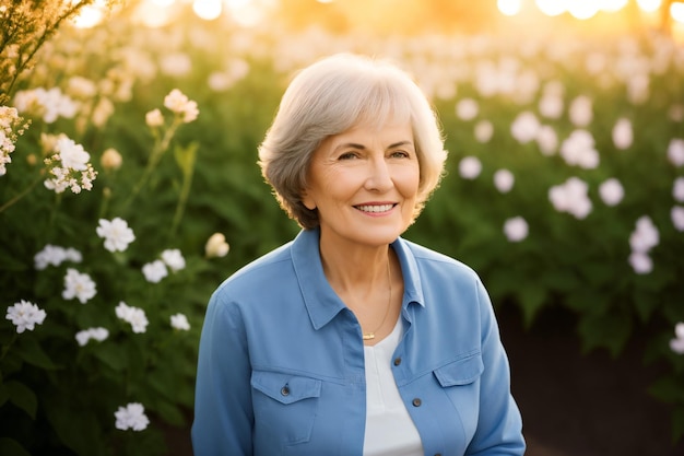 Portrait of an attractive elegant senior woman relaxing in a flowered garden