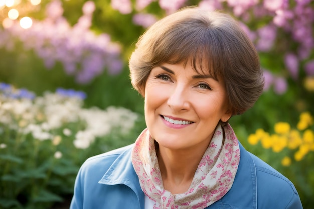 Portrait of an attractive elegant senior woman relaxing in a flowered garden