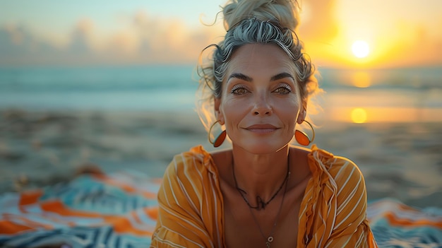 portrait attractive grayhaired adult woman on beach