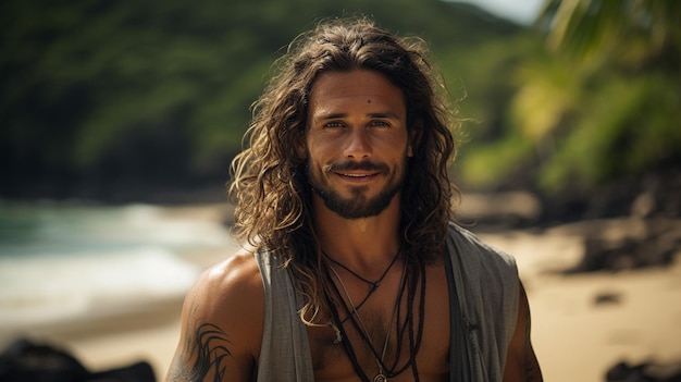 Portrait of an attractive man pulling off his shirt with a beard long hair and a tattoo