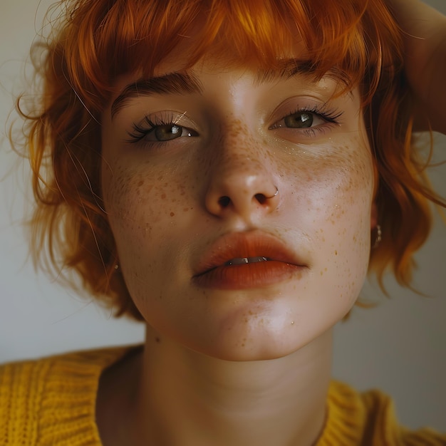 Photo portrait of an attractive redhead woman with freckles