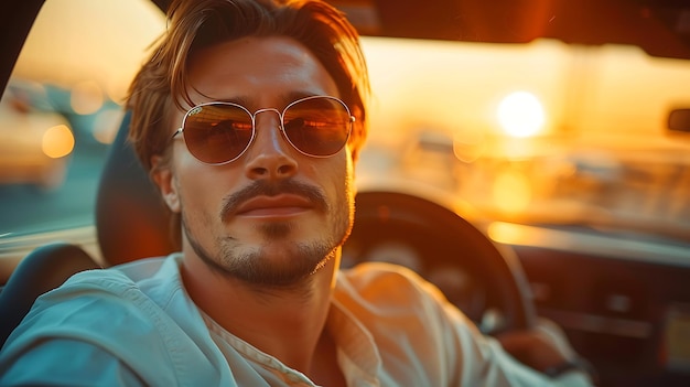 Photo portrait of attractive smart casual man with sunglasses driving his car