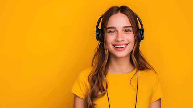 Photo portrait of attractive telemarketer girl with headset isolated bright yellow background ai generated image