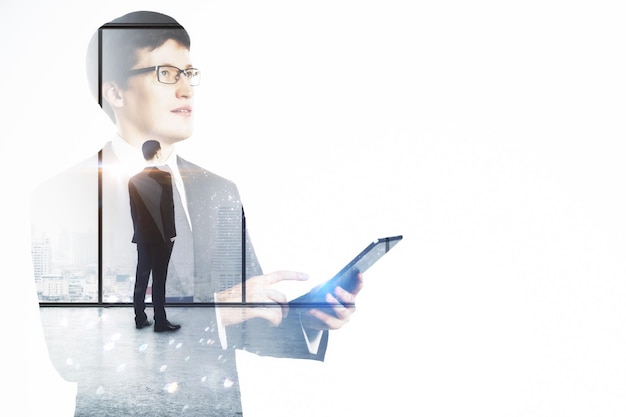 Portrait of attractive thoughtful european businessman using cellphone on bright city office view background with mock up place Technology communication and success concept Double exposure