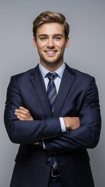 Portrait of attractive young businessman in suit standing with arms crossed on light grey backgroun