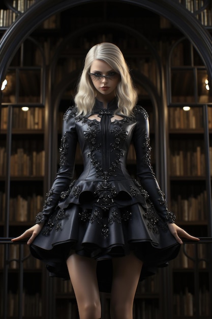 Portrait of an attractive young girl librarian library worker dressed in black clothes books gaining knowledge strict attire glasses black lace dresses