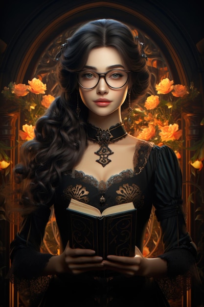 Portrait of an attractive young girl librarian library worker dressed in black clothes books gaining knowledge strict attire glasses black lace dresses