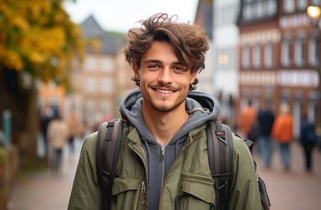 Portrait of attractive young smiling man in jeans jacket looking straight in camera traveling alone with big city background Lifestyle and traveling concept