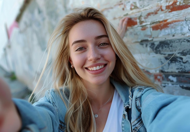 Portrait of attractive young woman with short curly blonde hair and glasses smiling while showing tw