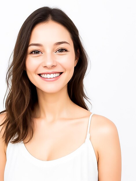 Portrait of authentic happy woman without makeup smiling at camera standing cute against white bac