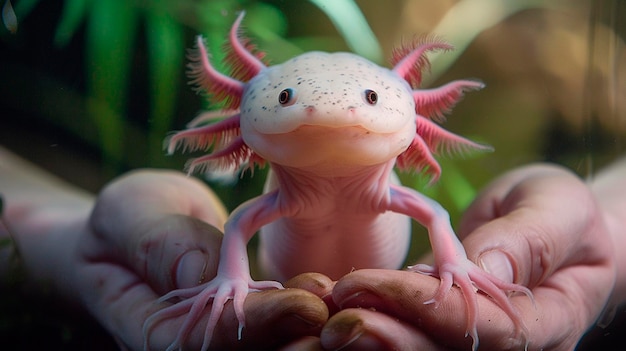 Photo portrait of an axolotl in hands selective focus