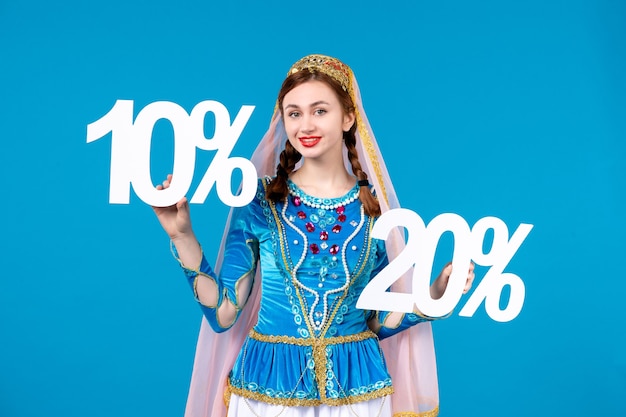 portrait of azeri woman in traditional dress with 10 and 20 percent discount