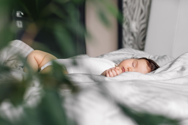 Portrait of baby in white bodysuit on bed blanket blurred green plant in foreground Sleeping infant child in bedroom see sweet dream Soft focus copy space Childcare and healthy sleep concept