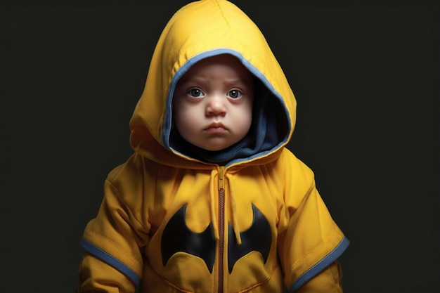 Portrait of a baby in a yellow raincoat on a dark background