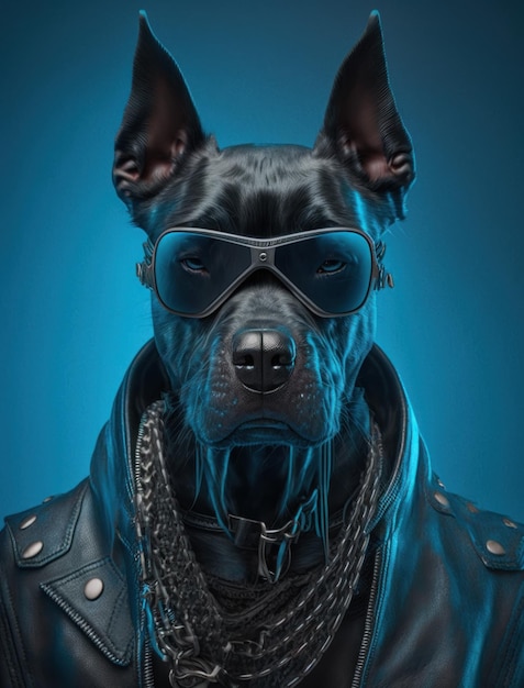 Portrait of bad dogs wearing jacket on blue background Created Generative AI