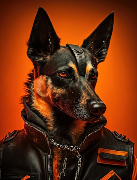 Portrait of bad dogs wearing jacket on orange background Created Generative AI