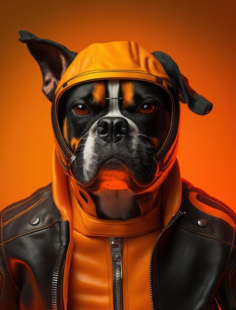 Portrait of bad dogs wearing jacket on orange background Created Generative AI