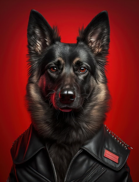 Portrait of bad dogs wearing jacket on red background Created Generative AI