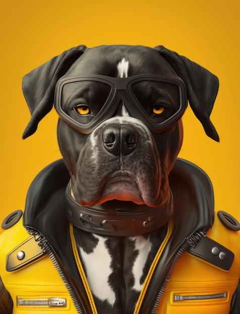 Portrait of bad dogs wearing jacket on yellow background Created Generative AI