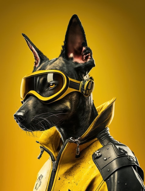 Portrait of bad dogs wearing jacket on yellow background Created Generative AI