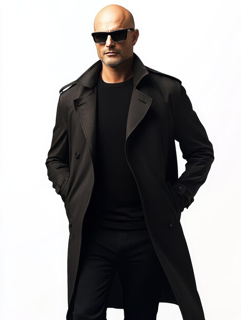 Photo portrait of bald man in 30s wearing black trench coat and glasses dynamic walking in black clothing