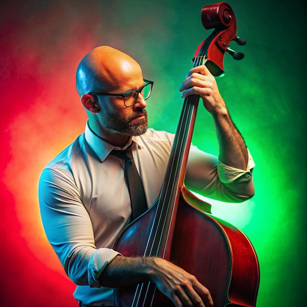 Portrait of bald musician in glasses plays double bass in redgreen neon light against gradient studio background Concept of music and art hobby concerts and festivals