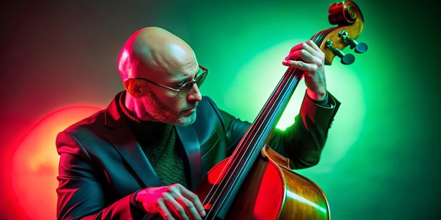 Photo portrait of bald musician in glasses plays double bass in redgreen neon light against gradient studio background concept of music and art hobby concerts and festivals