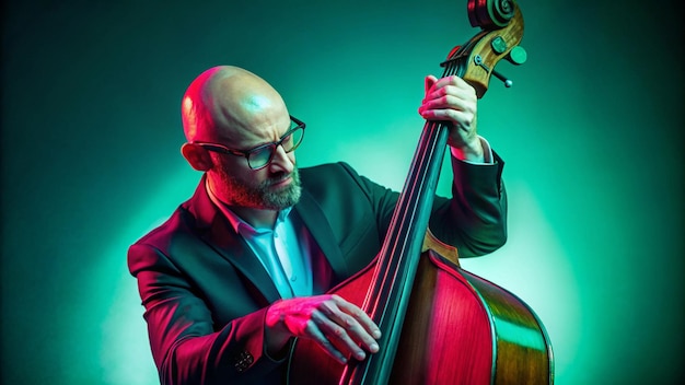 Photo portrait of bald musician in glasses plays double bass in redgreen neon light against gradient studio background concept of music and art hobby concerts and festivals